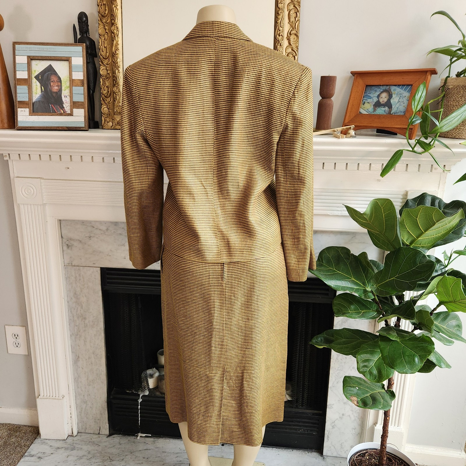 Vintage 80s Yellow Plaid Linen Skirt Suit Black Career Wear to Work Size 6