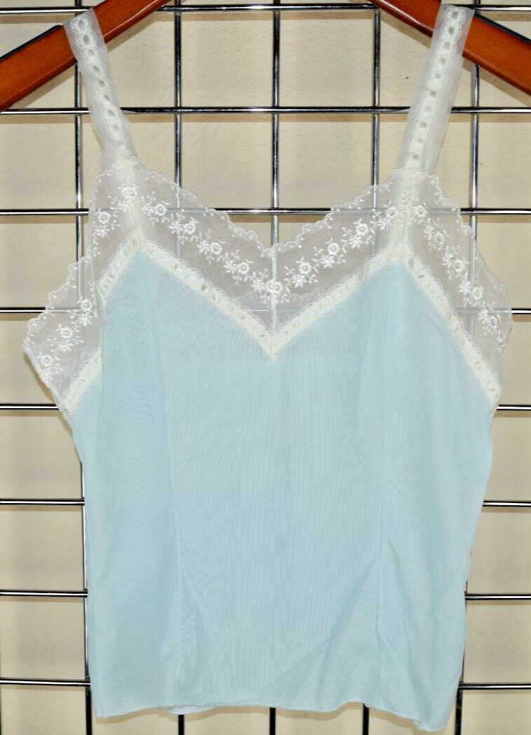 Vintage Camisole Carol Brent Size S/M 50s Pale Blue White Rose Lace Ribbon Strap
