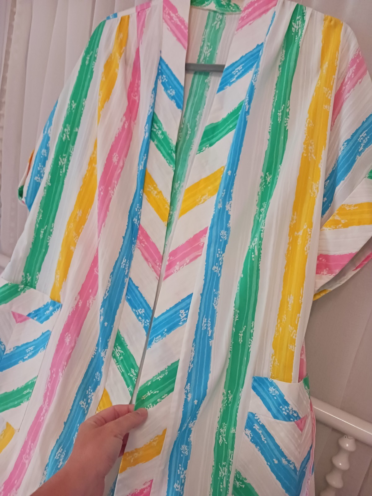 VTG 90s pastel stripes Lounge Robe M L Rainbow Bathrobe lightweight pink yellow