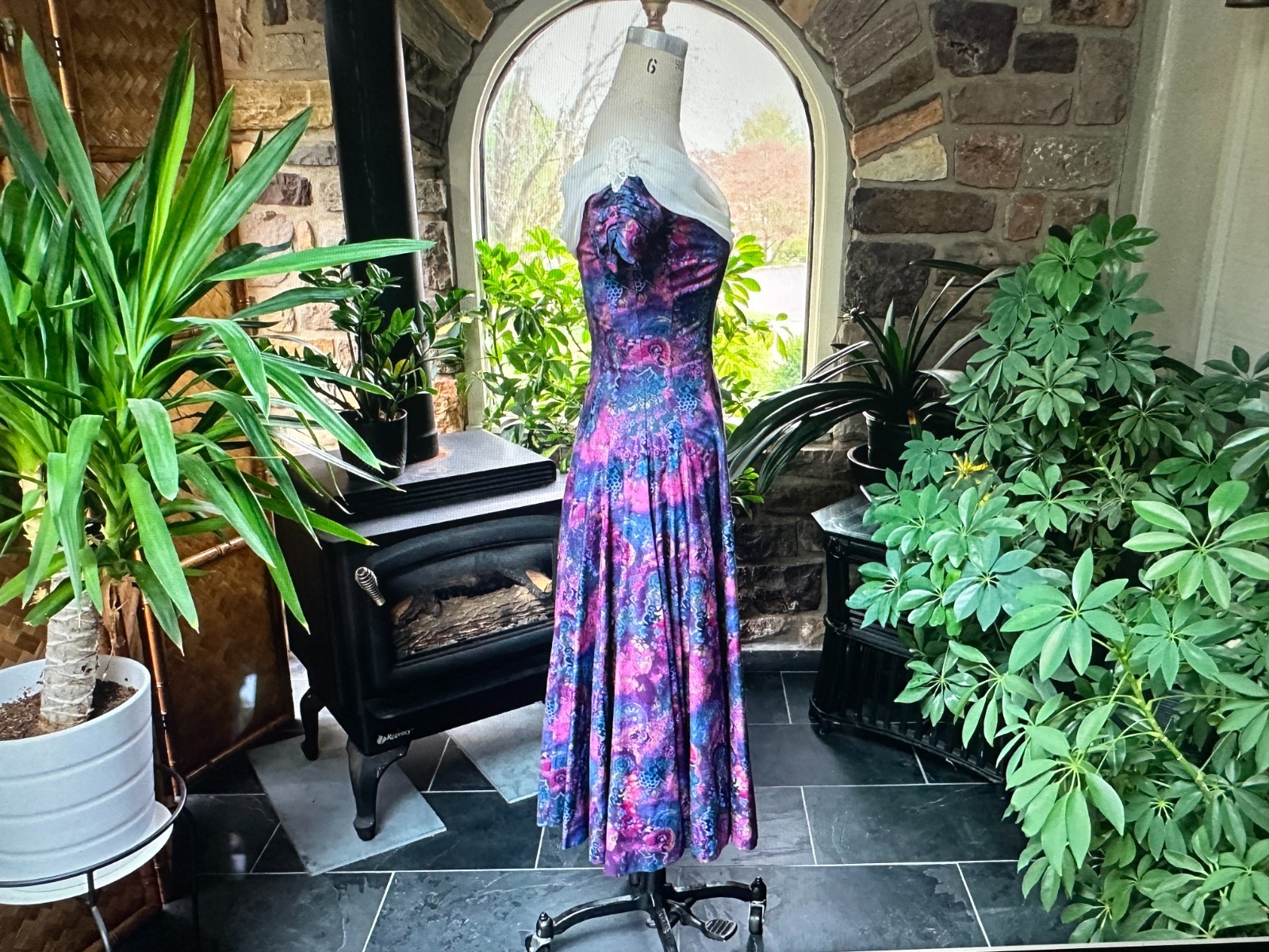 Vintage 1980s Off Shoulder Dress Deep Plum Blue Gold Print Chiffon Lace Neckline