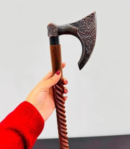 Handcrafted Viking Axe Head Walking Cane Spiral Twisted Wooden Stick Antique New