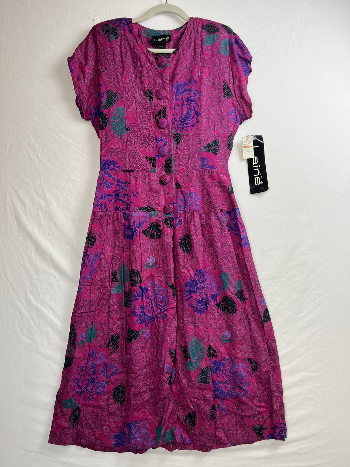 VTG Laine USA Dress Women Size 13/14 Floral Rayon Short Sleeve Max