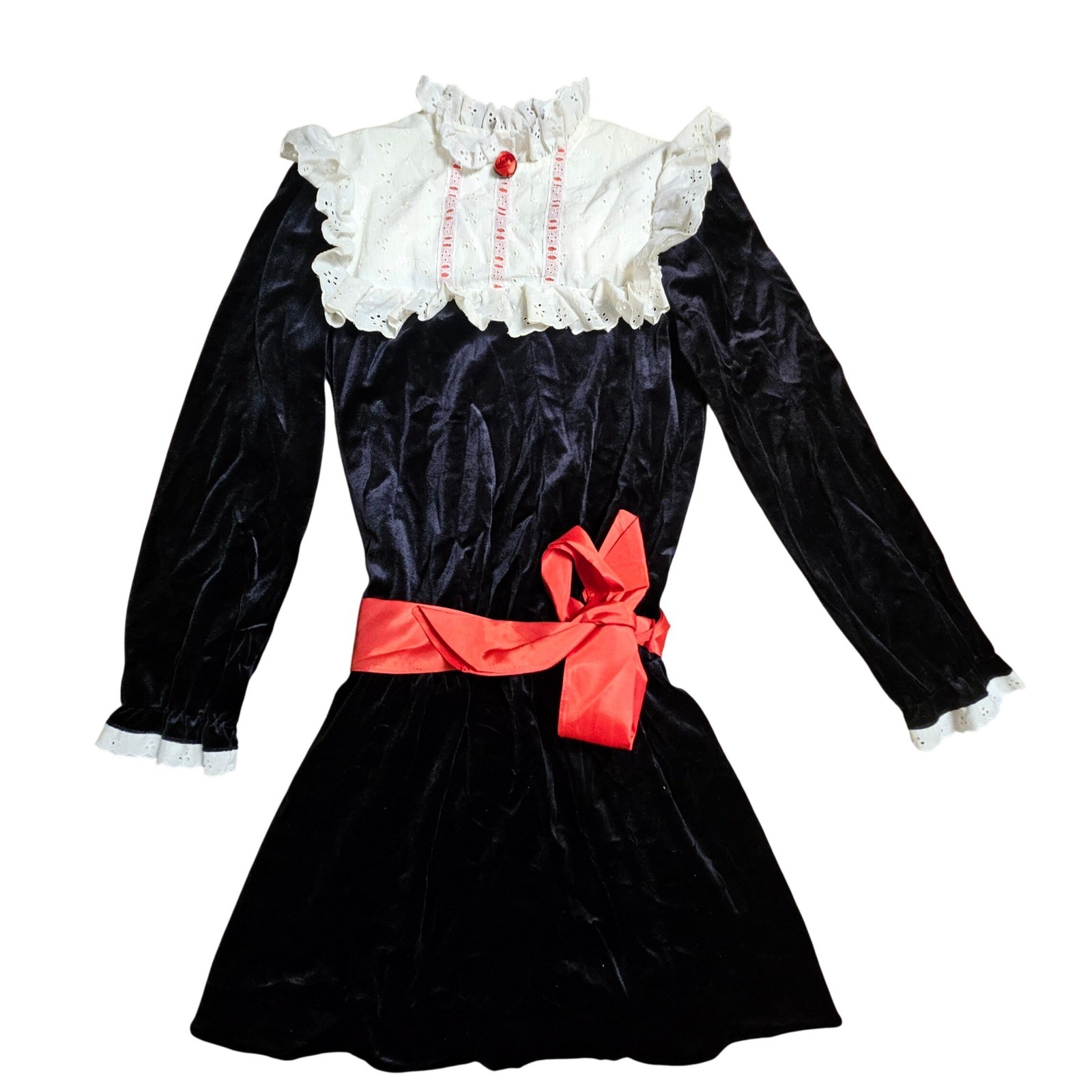 Vintage Faye’s Fantasies Velvet Eyelet Lace Yoke Dress Girls 14 Dark Academia