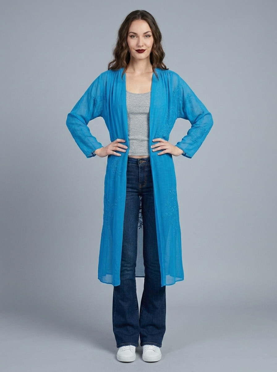 M L Vintage 1970s Blue Sheer Cocoon Duster Jacket Batwing Oversize Thin Airy 70s