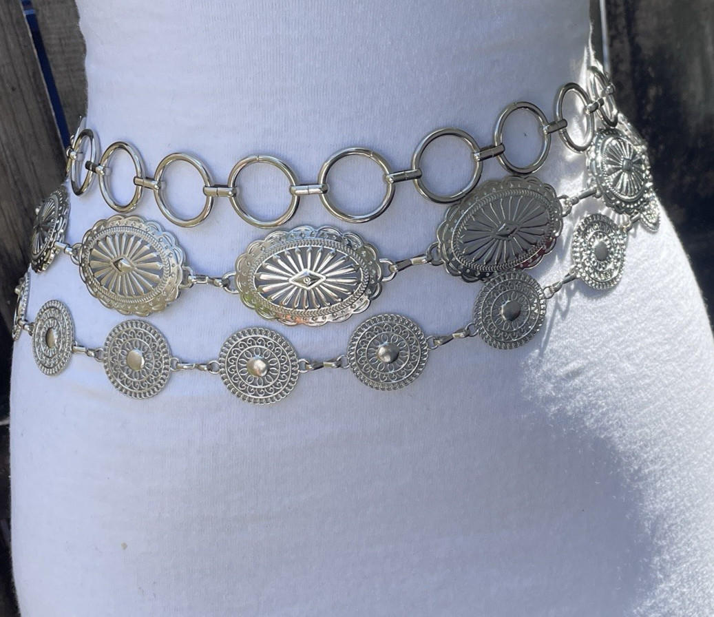 Lot of 3 vintage & Modern Silver Tone Concho & Circle Chain Belts