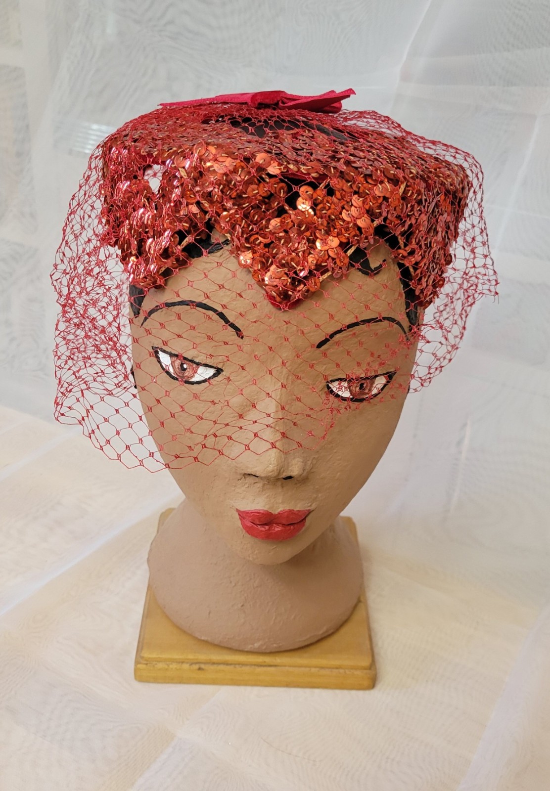 Mid Century Red Sequined & Veiled Pillbox, Open Wire Frame, Almost Eggshell