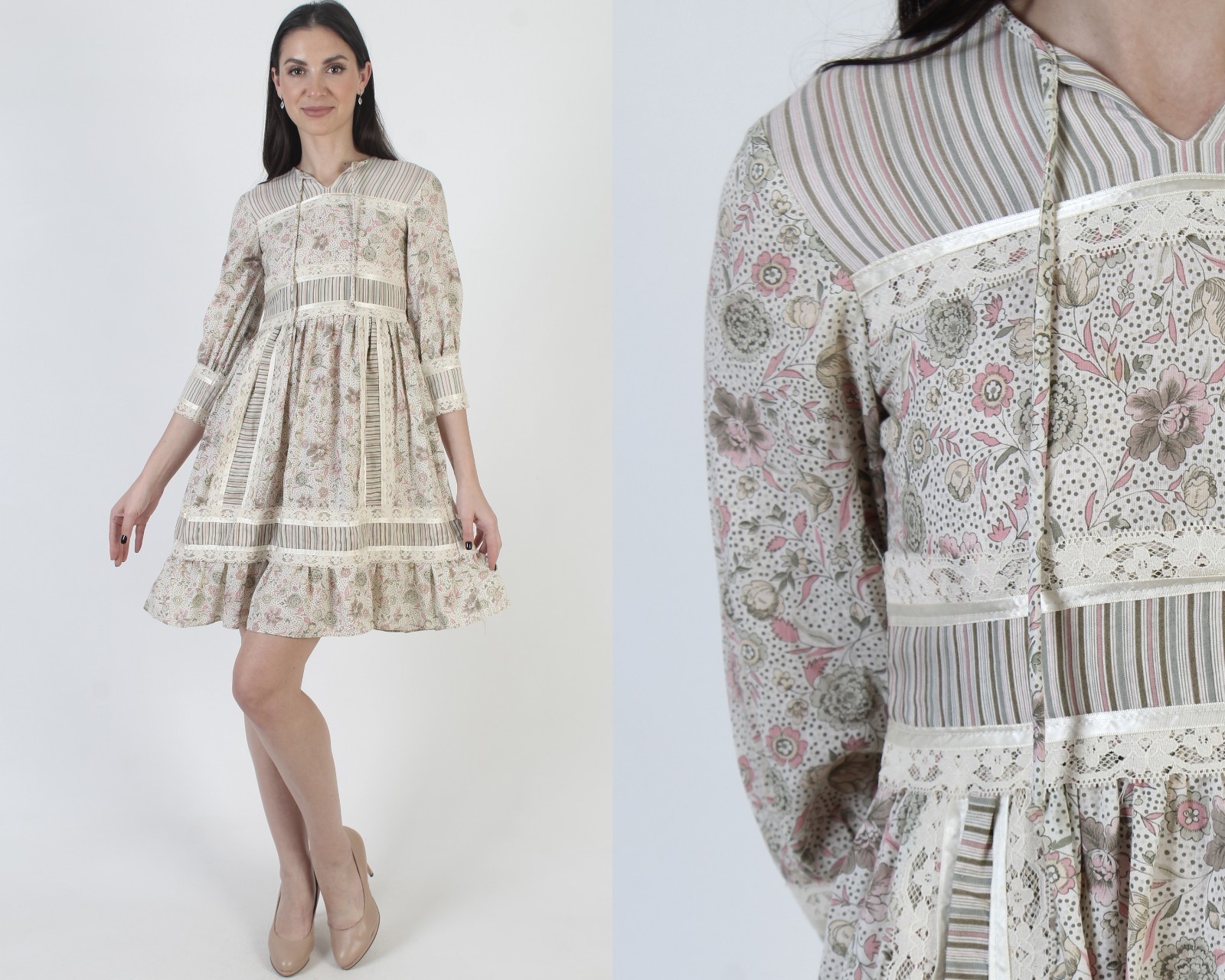 Vintage 70s Romantic Prairie Dress Floral Cottage High Waist Pastel Spring Mini