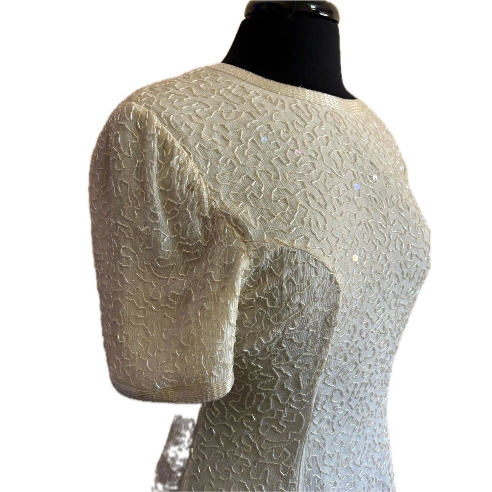 80s Vintage White Beaded A-Line Cocktail Dress Wedding Large
