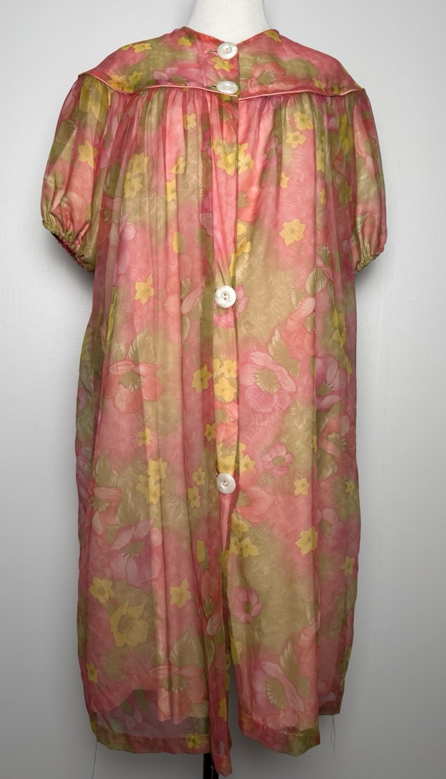 Vtg 60s Sheer Hostess Robe M Dreamy Floral Pink Yellow Puff Sleeve Lounge