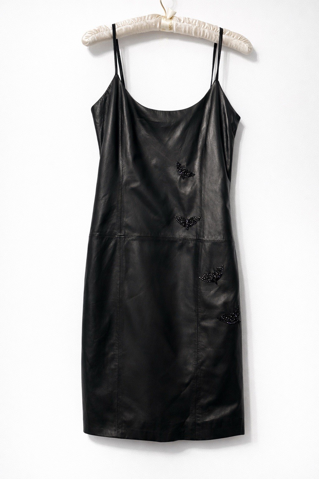Rare Vintage Gianni Versace Black Leather Beaded Butterfly Slip Dress XS IT38