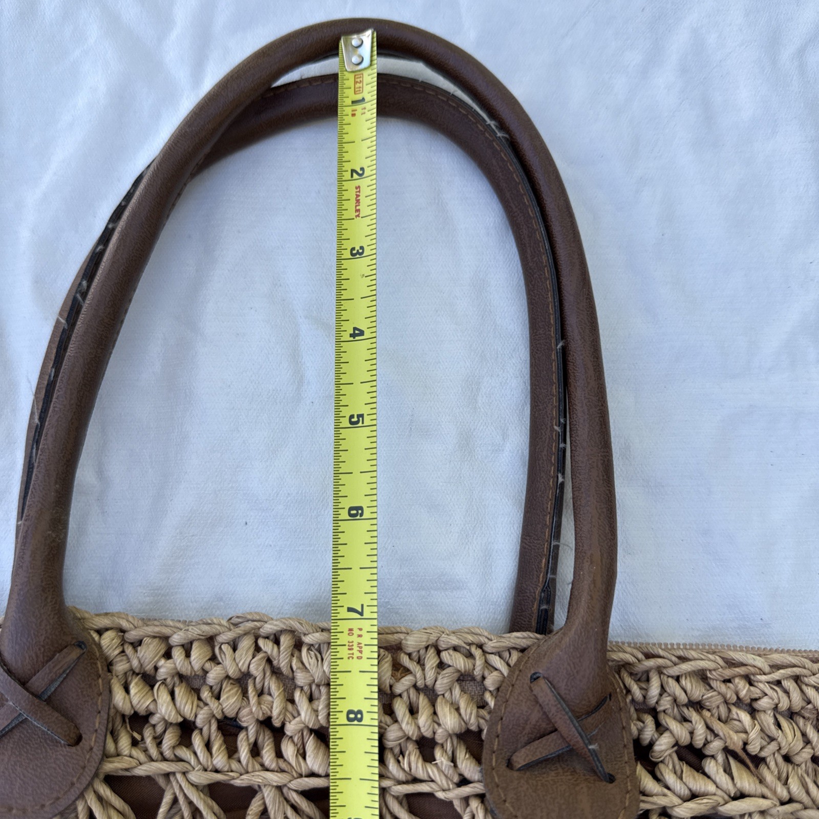 Boho Vintage Woven Bag Wooden Beads Faux Leather Handles Natural inside zipper