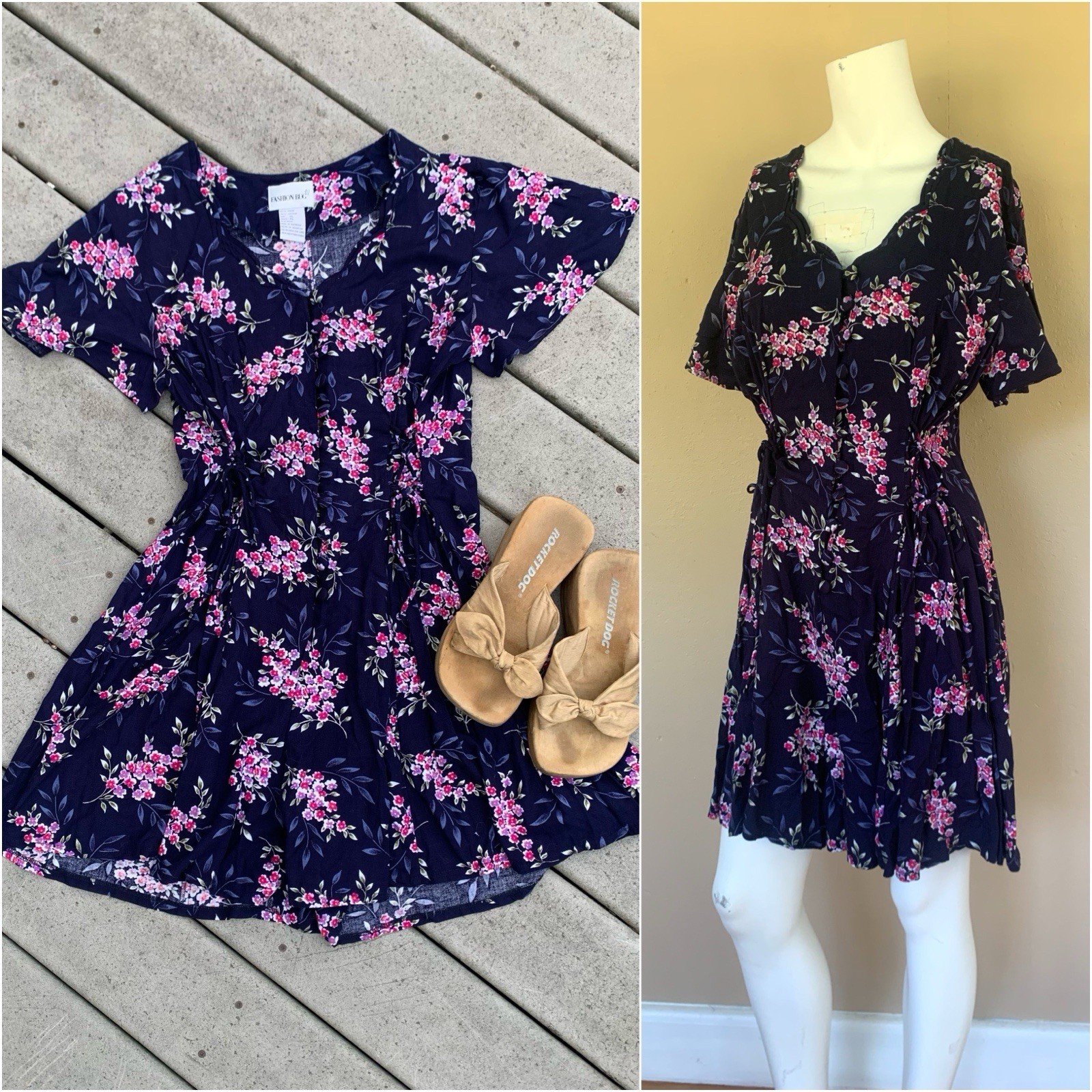 Vintage 90s Floral Short Sleeve Romper | Y2K Shorts Playsuit W Waist Ties, M/L