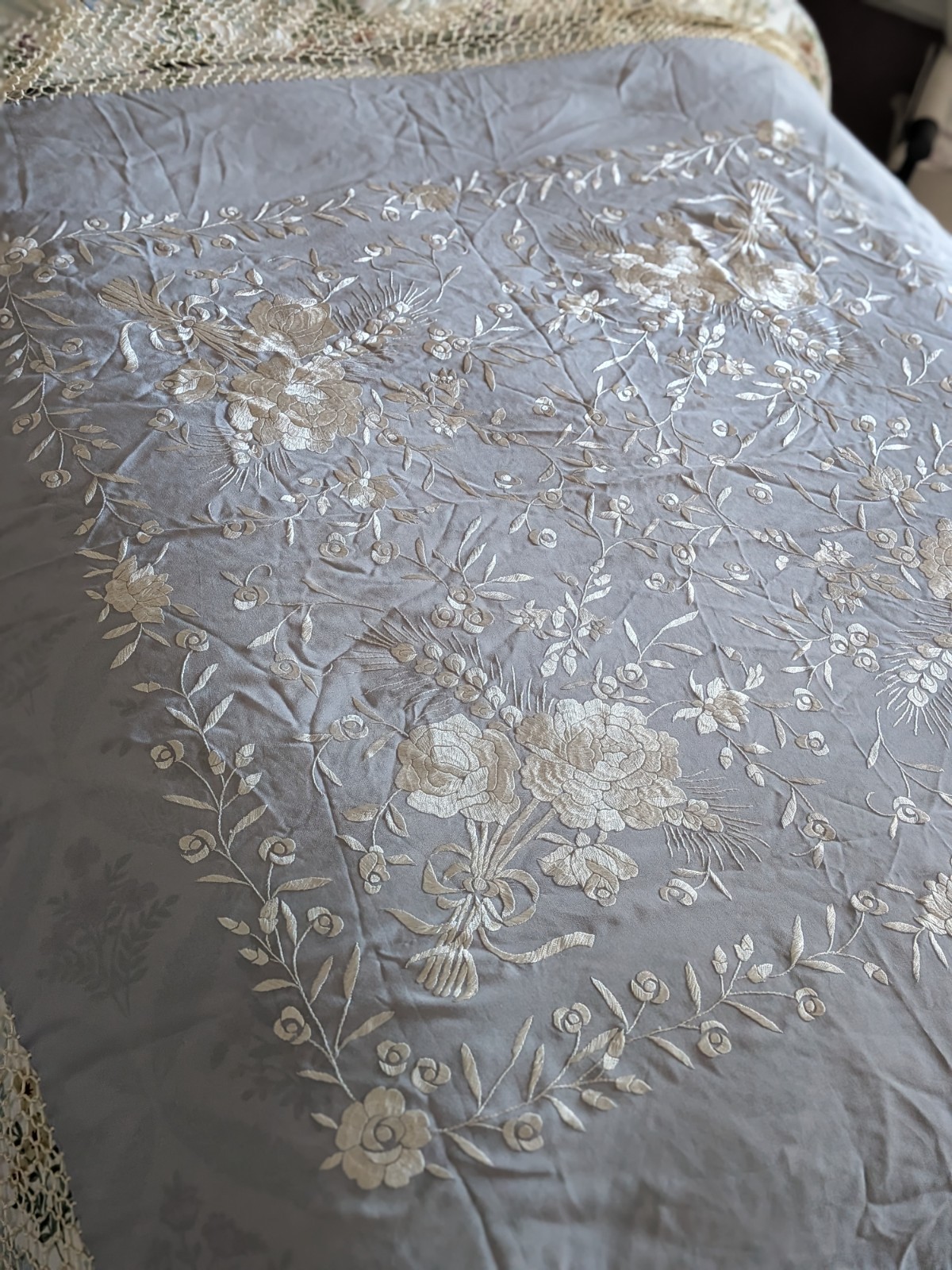 Vintage Hand-Embroidered Spanish Silk Wrap/Piano Shawl-Dove Gray and Cream