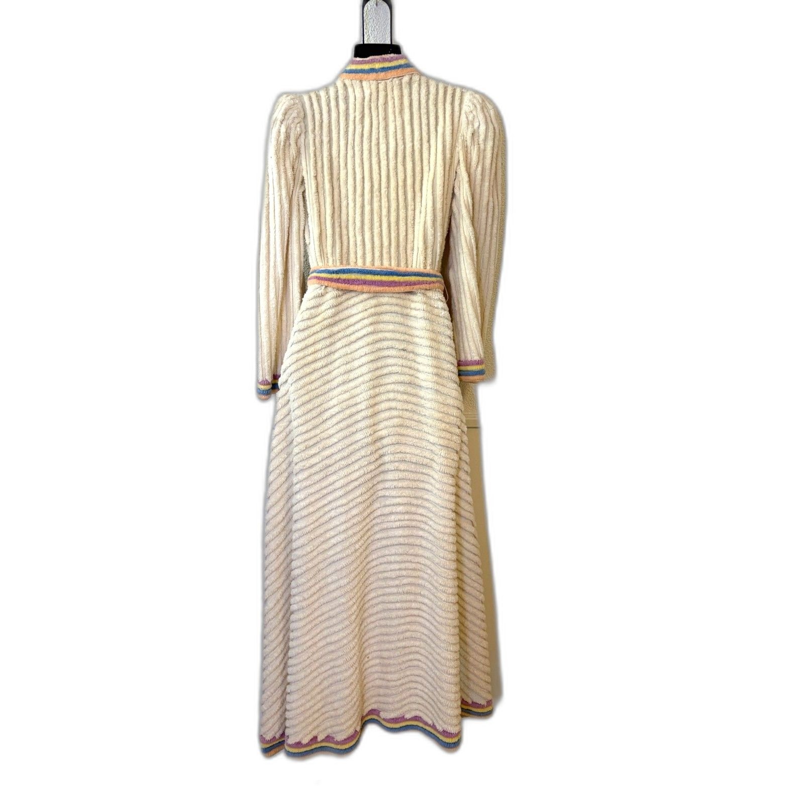 Vintage 40s/50s Cream Chenille Long Robe Pastel Rainbow Trim Bell Sleeve Small