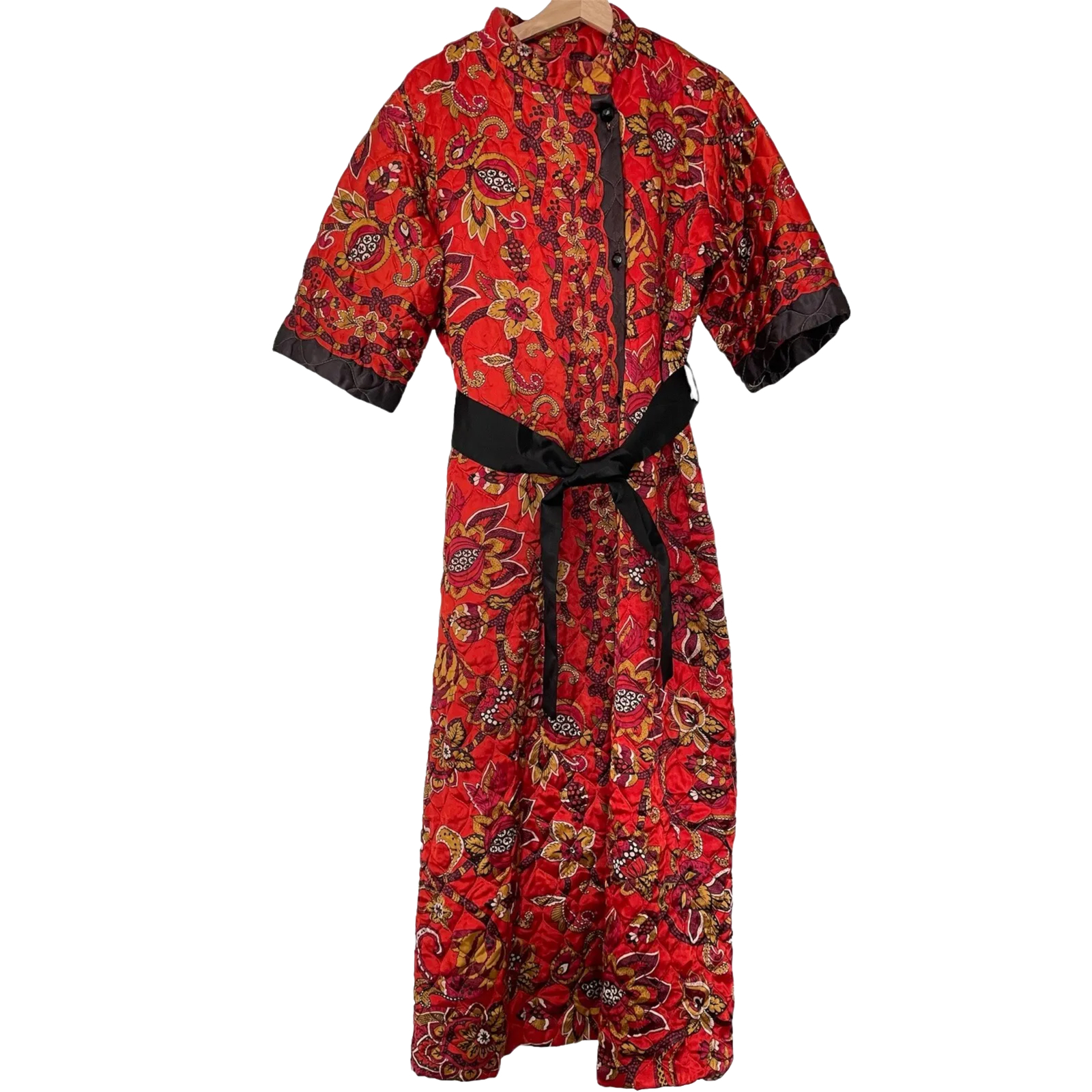 Carol Brent Vintage Tapestry Robe Quilted Floral Size M/L Button Down Satin Belt