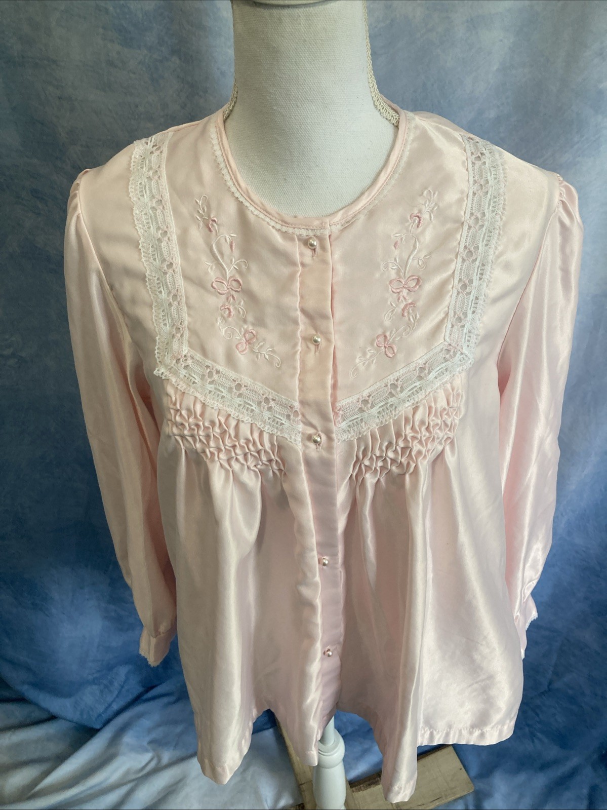 VTG 80s Barbizon Pink Pajama Set L Babydoll Top Pants Embroidered Lace Coquette