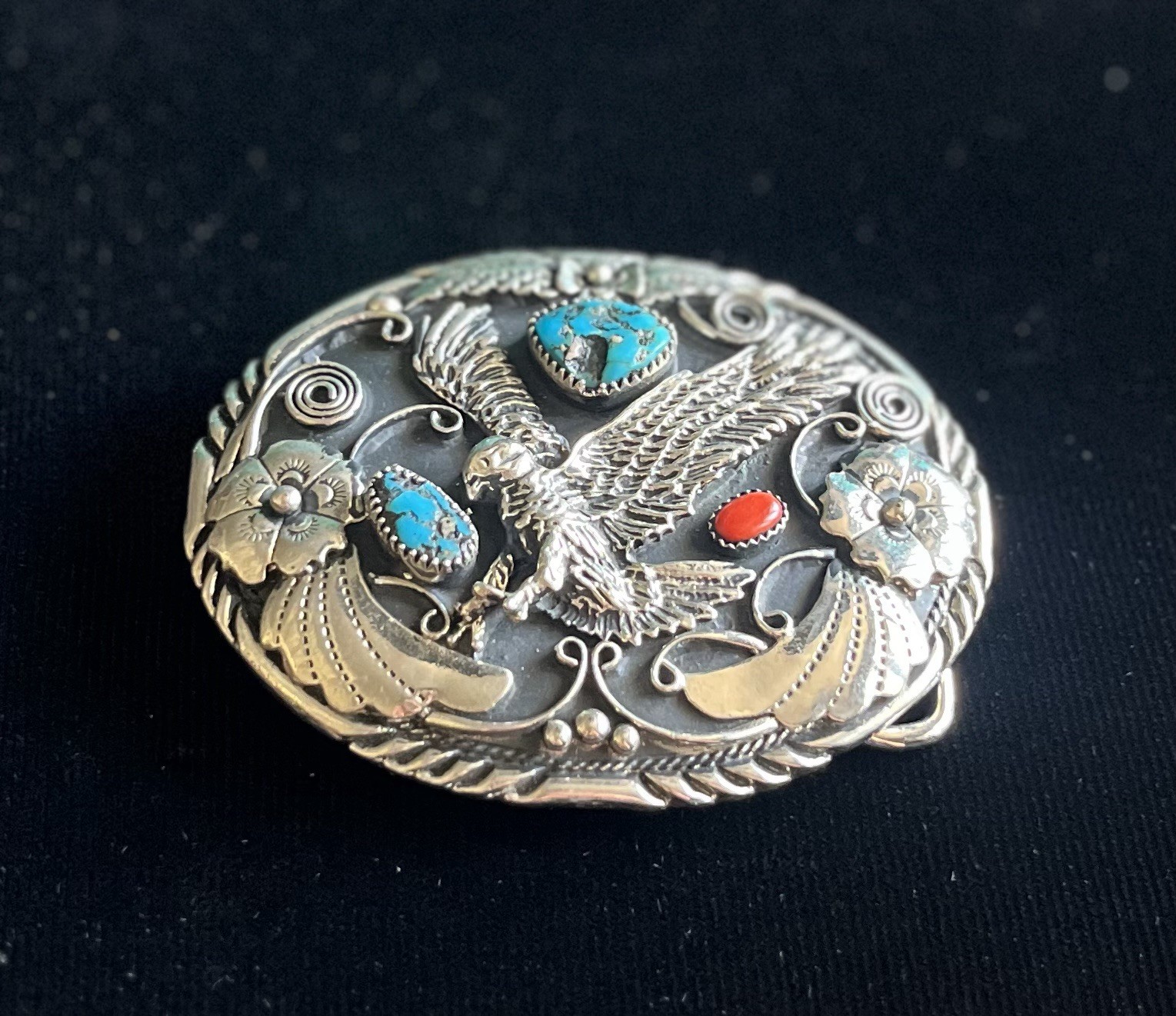 Vintage Metal Eagle Design Red/Blue Stone Filigree/Floral Belt Buckle