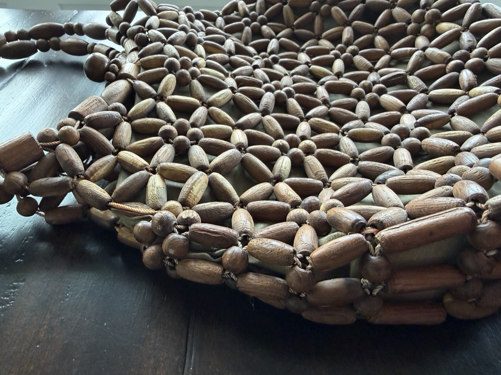 Vintage Wooden Bead Hobo Handbag Retro Boho Beaded Hand Crafted Purse Starburst