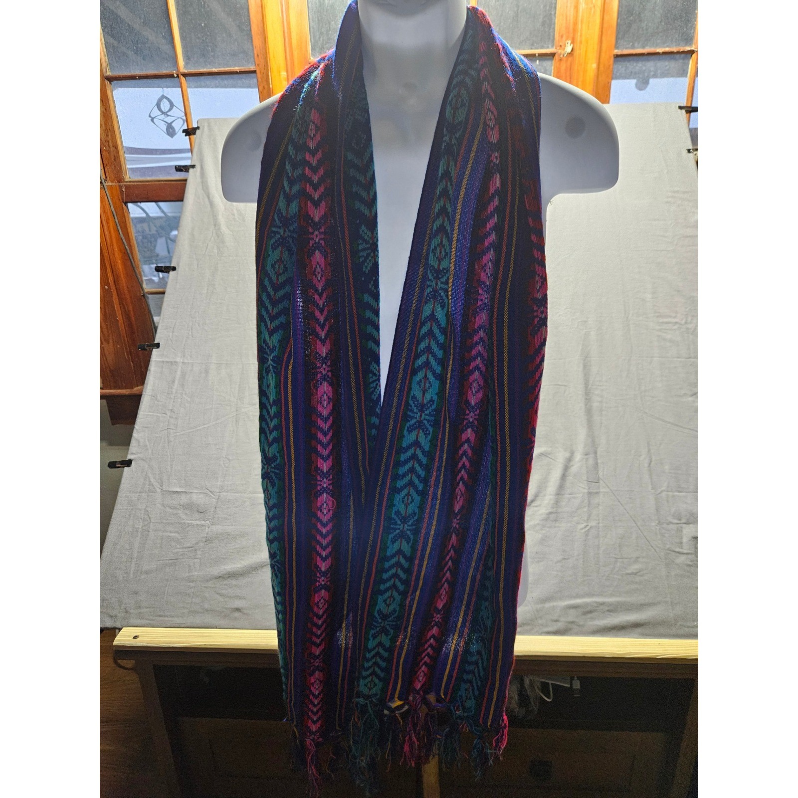 Vintage Mexican Woven Scarf Purple Geometric Tribal Boho Acrylic Fringe Wrap