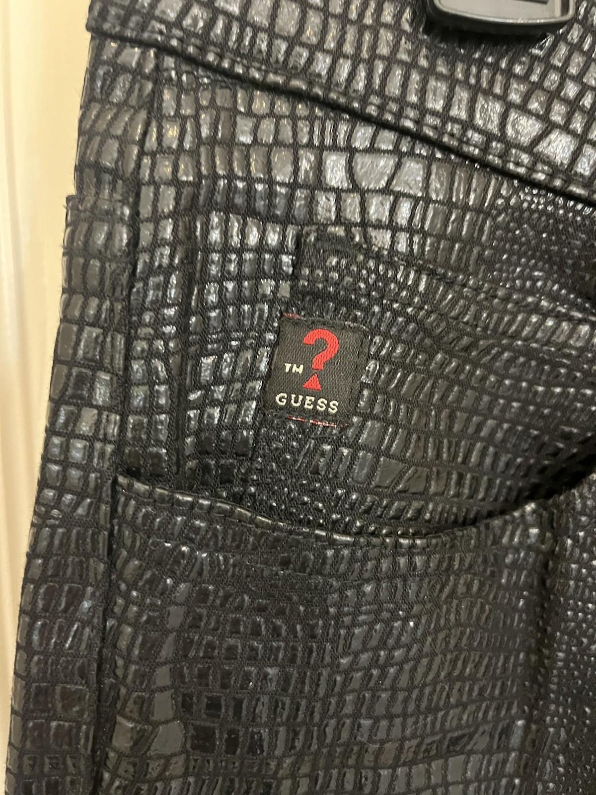 Vintage GUESS USA Y2K Croc Snake Embossed Black Pants Sz 30 90s Model Off Duty