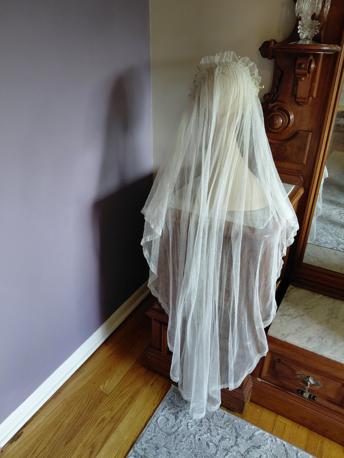 Antique Vintage 1920’s Wedding Bridal Veil Wax Orange Blossom Buds Peach Ribbons