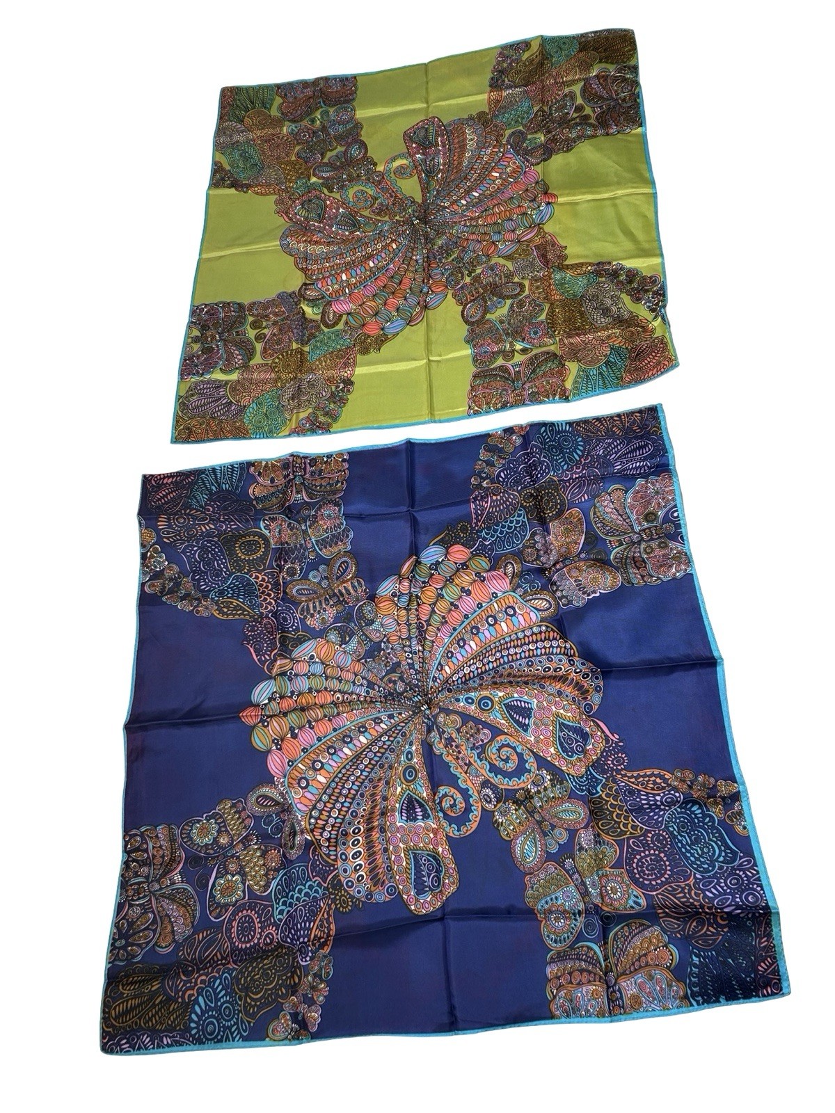 2 VTG Mod Abstract Psychedelic Paisley Butterfly Scarves Green Blue Made Japan