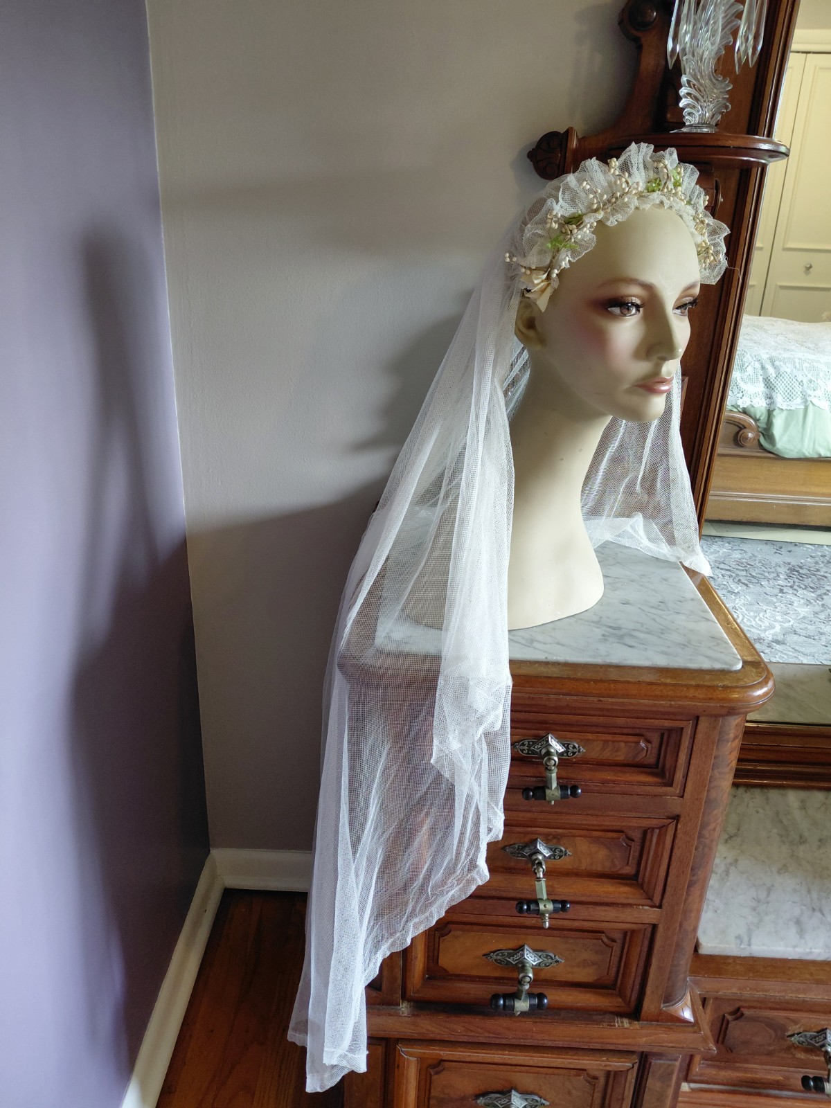 Antique Vintage 1920’s Wedding Bridal Veil Wax Orange Blossom Buds Peach Ribbons