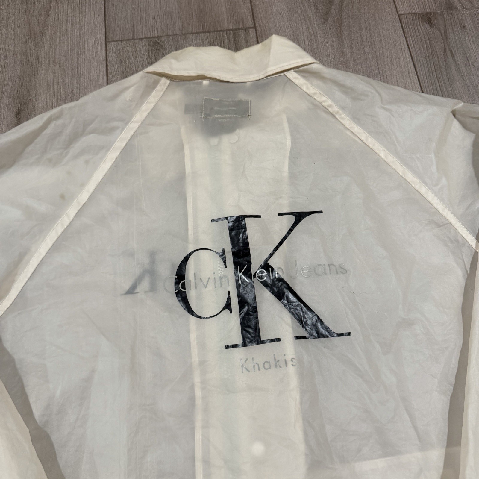 VTG RARE Calvin Klein Rain Jacket Mens Large Hood Clear Transparent Plastic PVC