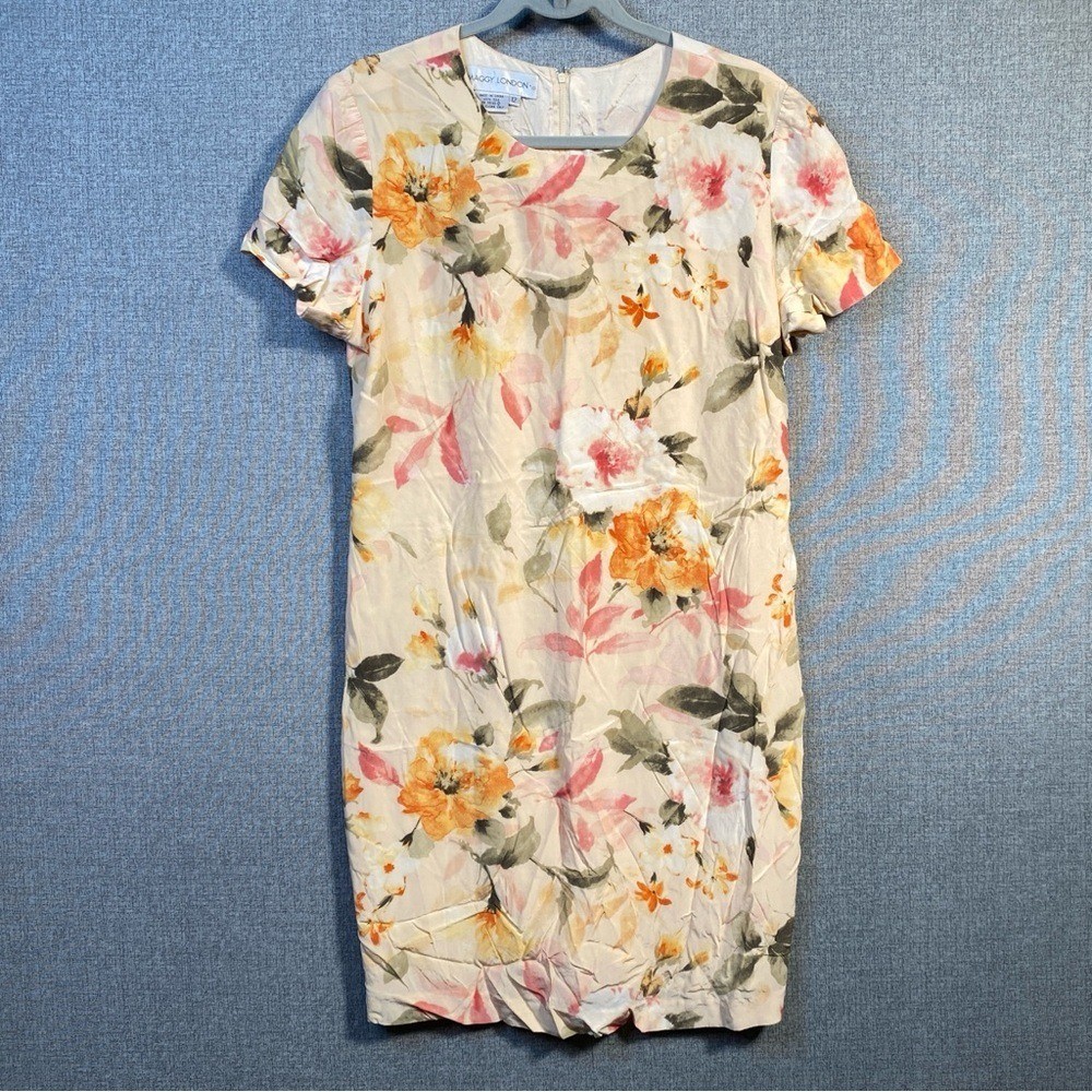 Vintage Y2K Maggy London Size 12 100% Silk Dress Floral Short Sleeve Sheath Midi
