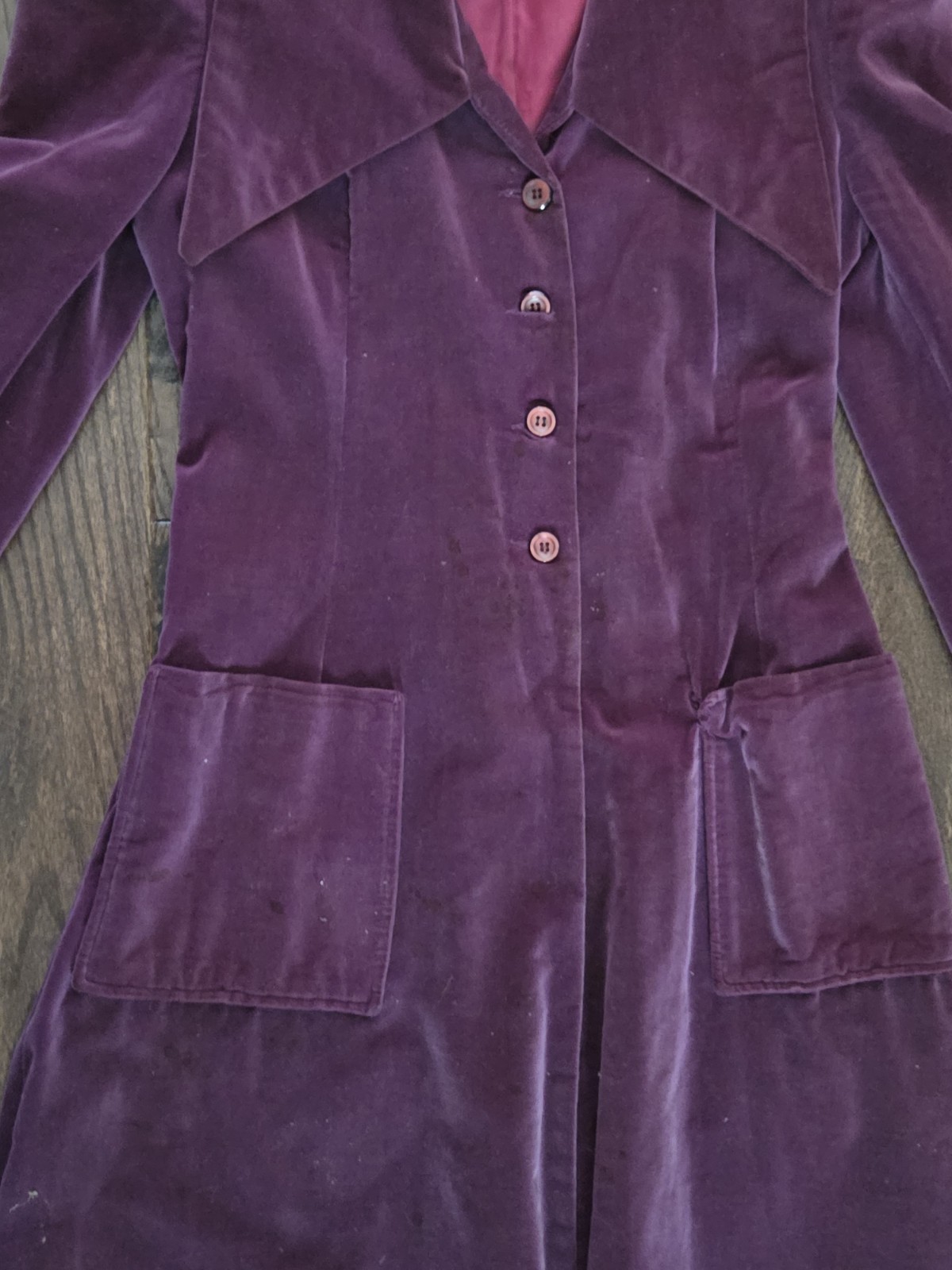 Vintage 1940s Plum Purple Cotton Velvet Coat Dress Puff Sleeve Oversized Collar