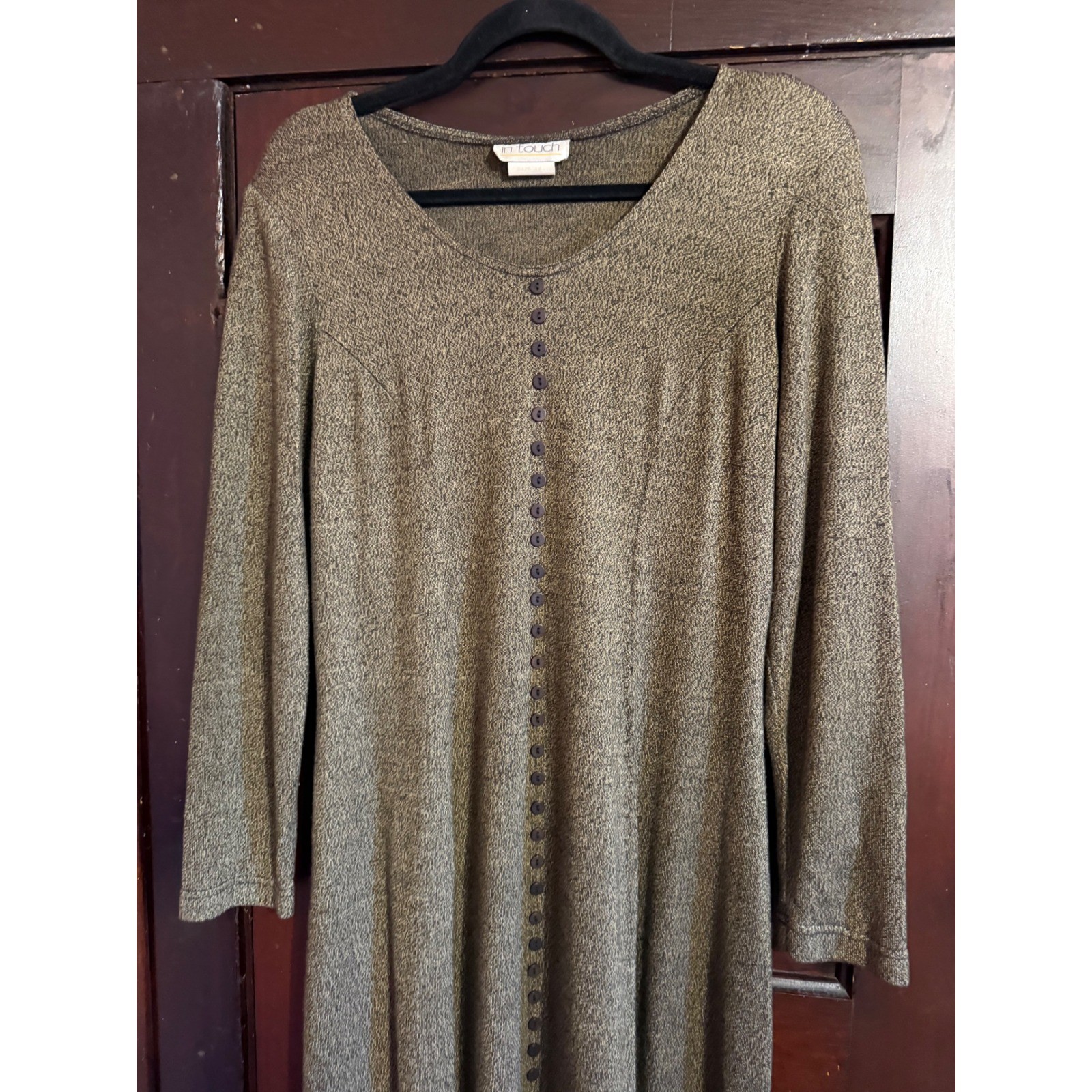 Vintage In Touch Grey Marled Knit Button Front Maxi Dress Womens Shoulder Pads