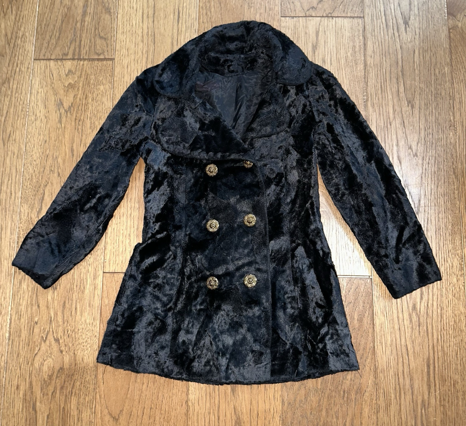 VTG 50s 60s Crushed Velvet Mod Midi Double Breasted Pea Coat Jacket Sz S Black