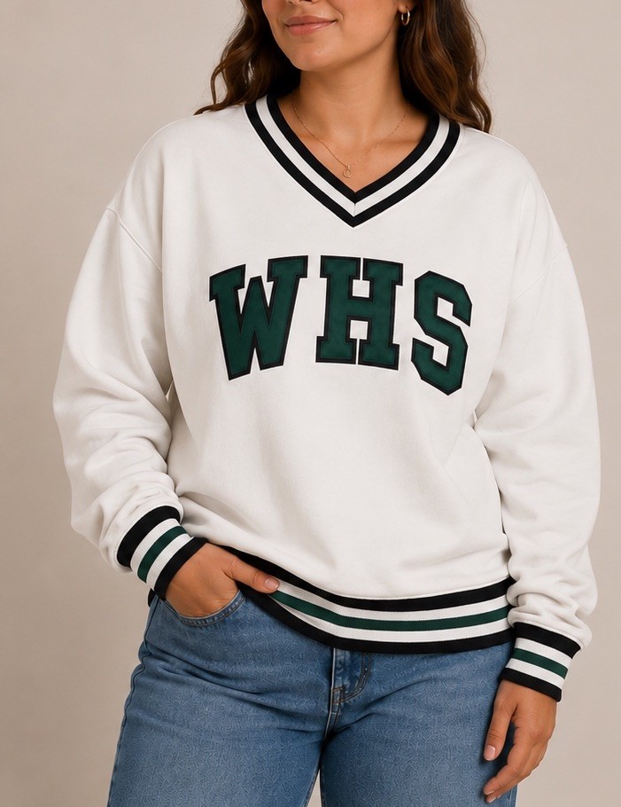 VTG 80s 90s Varsity Brand WHS Cheerleading Spirit Sweatshirt V-Neck White SZ Lrg