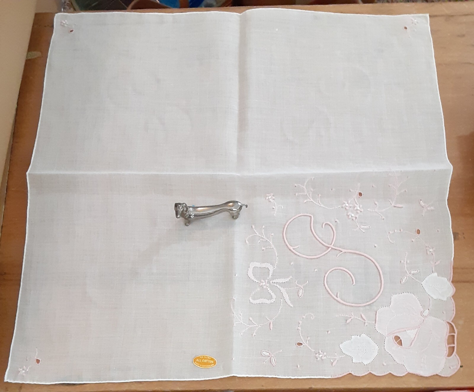 Vgt G Monogram Pink Embroidery White Cotton NOS Hankie Handkerchief