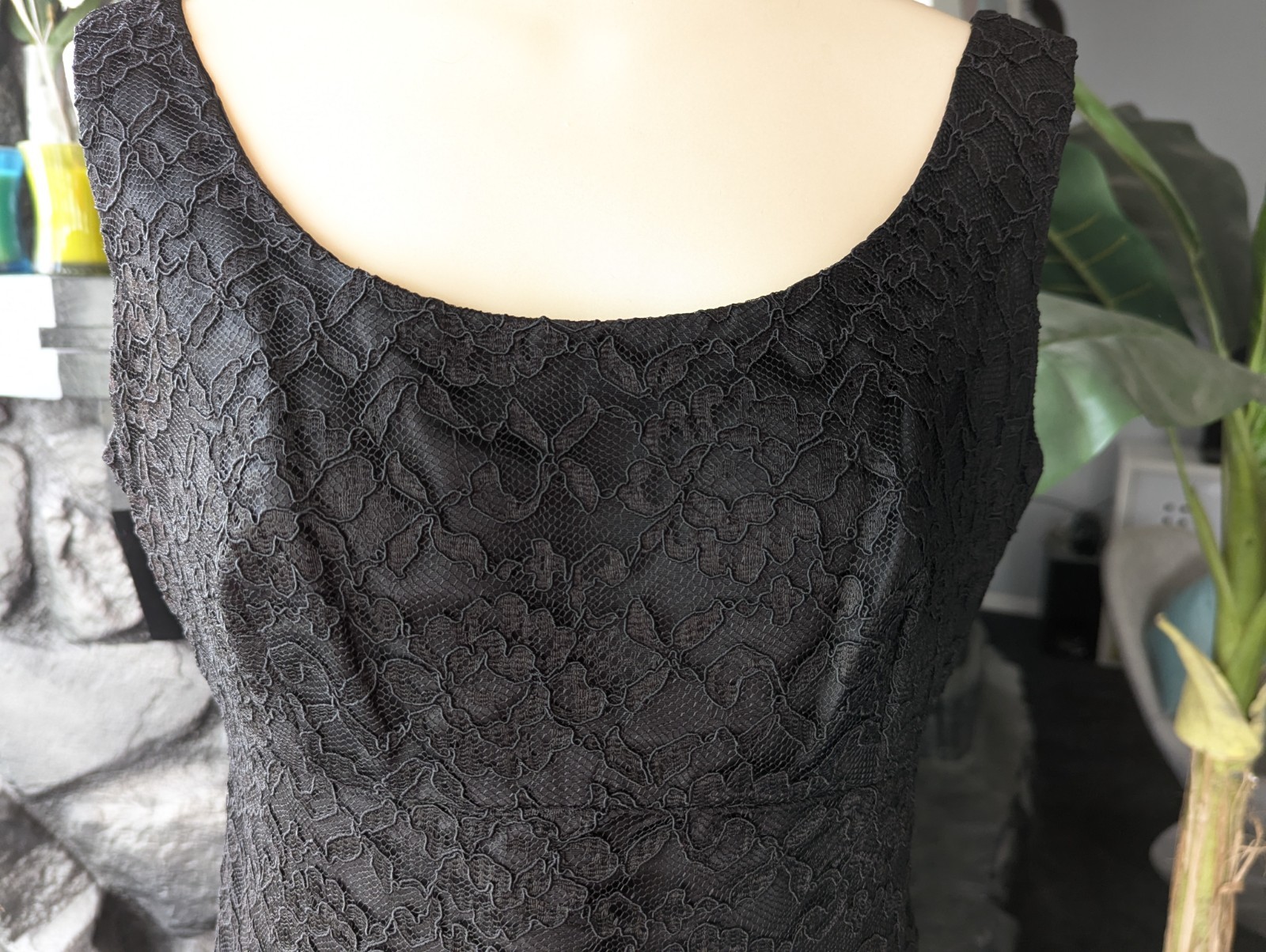 60s Vtg Black Lace Mini Dress Plunging Back Bow Train Cocktail Evening Cruise L