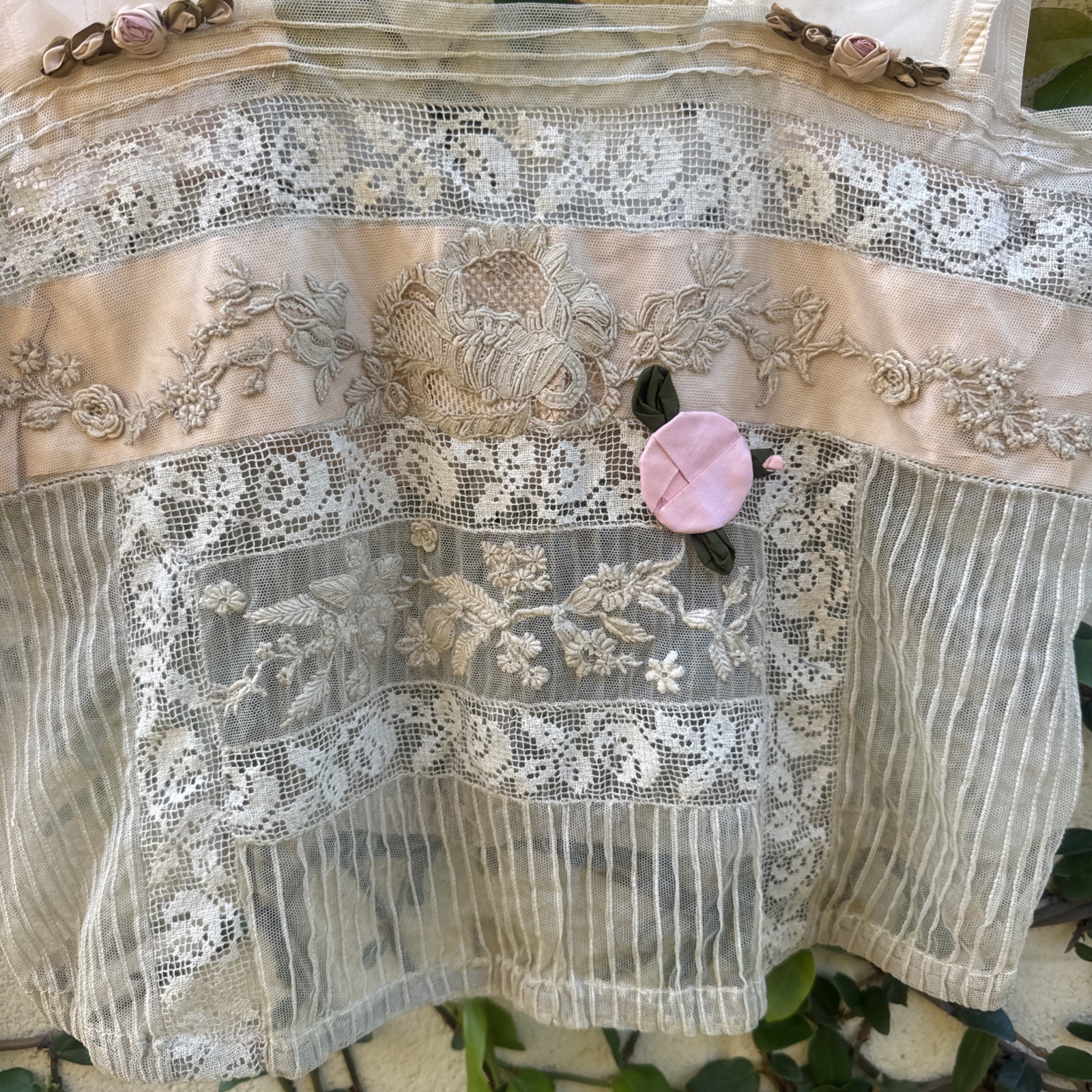 Antique Edwardian Mixed Net Lace Camisole Silk Flowers Dress Blouse Vintage