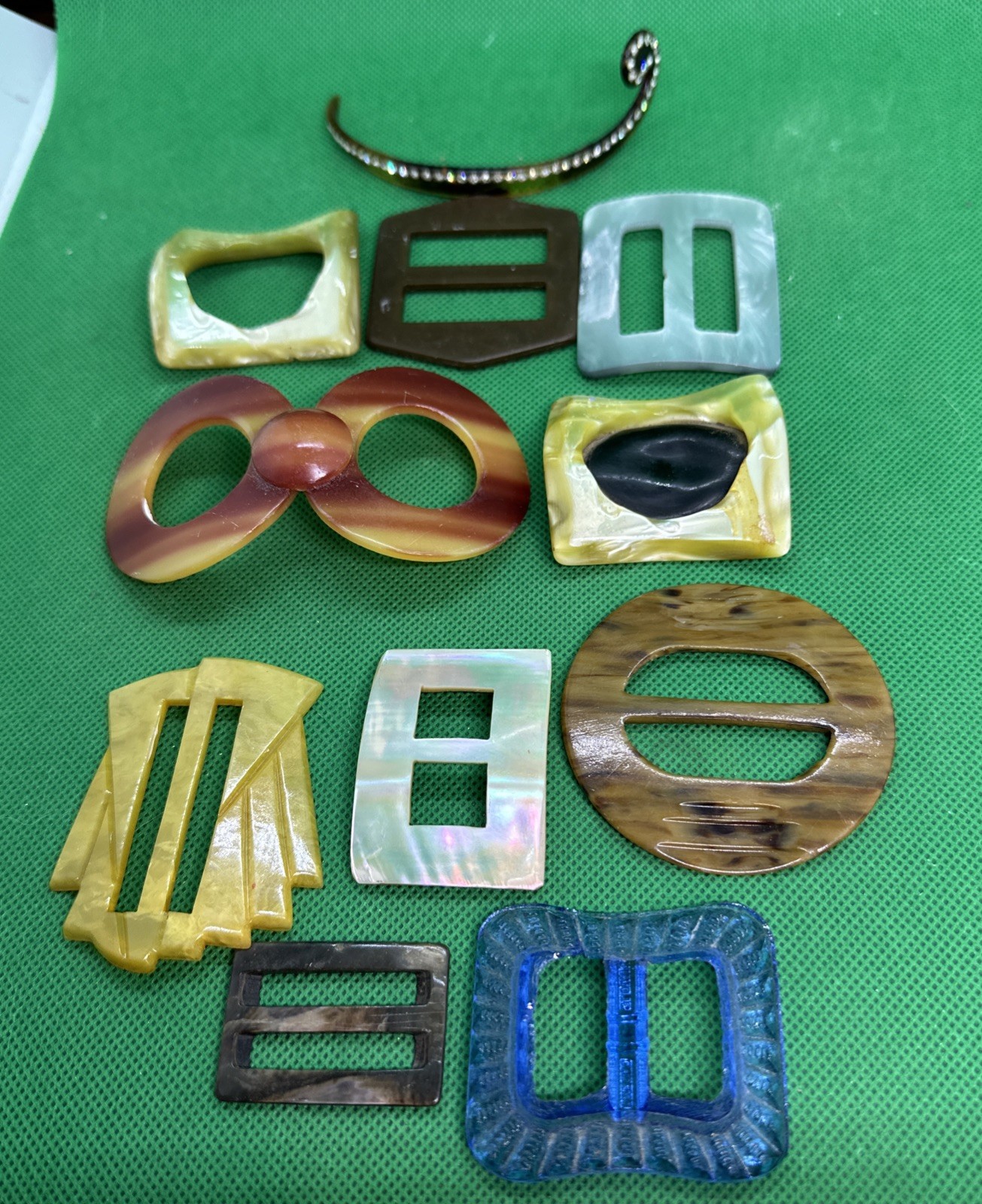 Vtg Belt Buckles Scarf Slides Art Deco Mother-of-Pearl Glass Celluloid 10 + 1