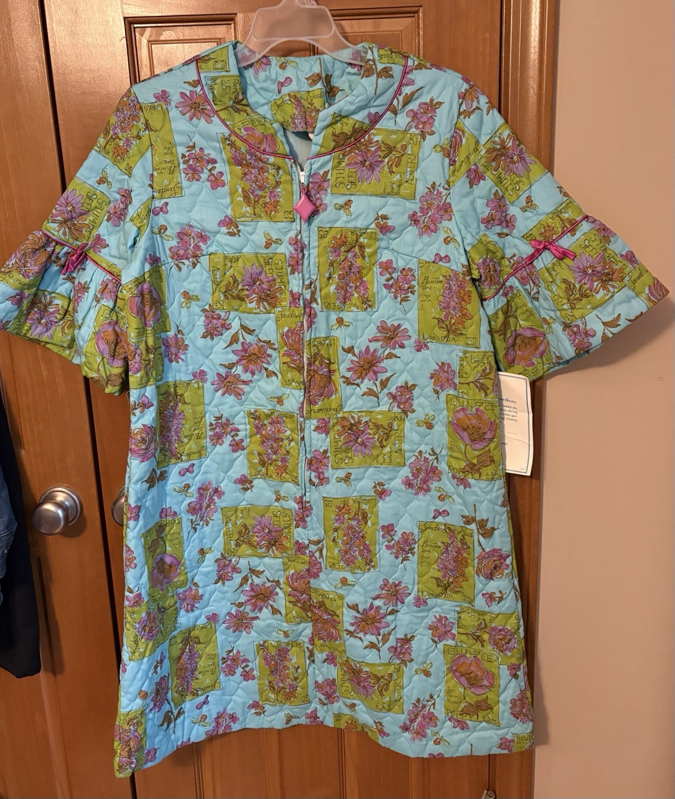 Vintage 60s 70s Blue Quilted House Dress Zip Robe NOS Carol Brent Floral Stamp L