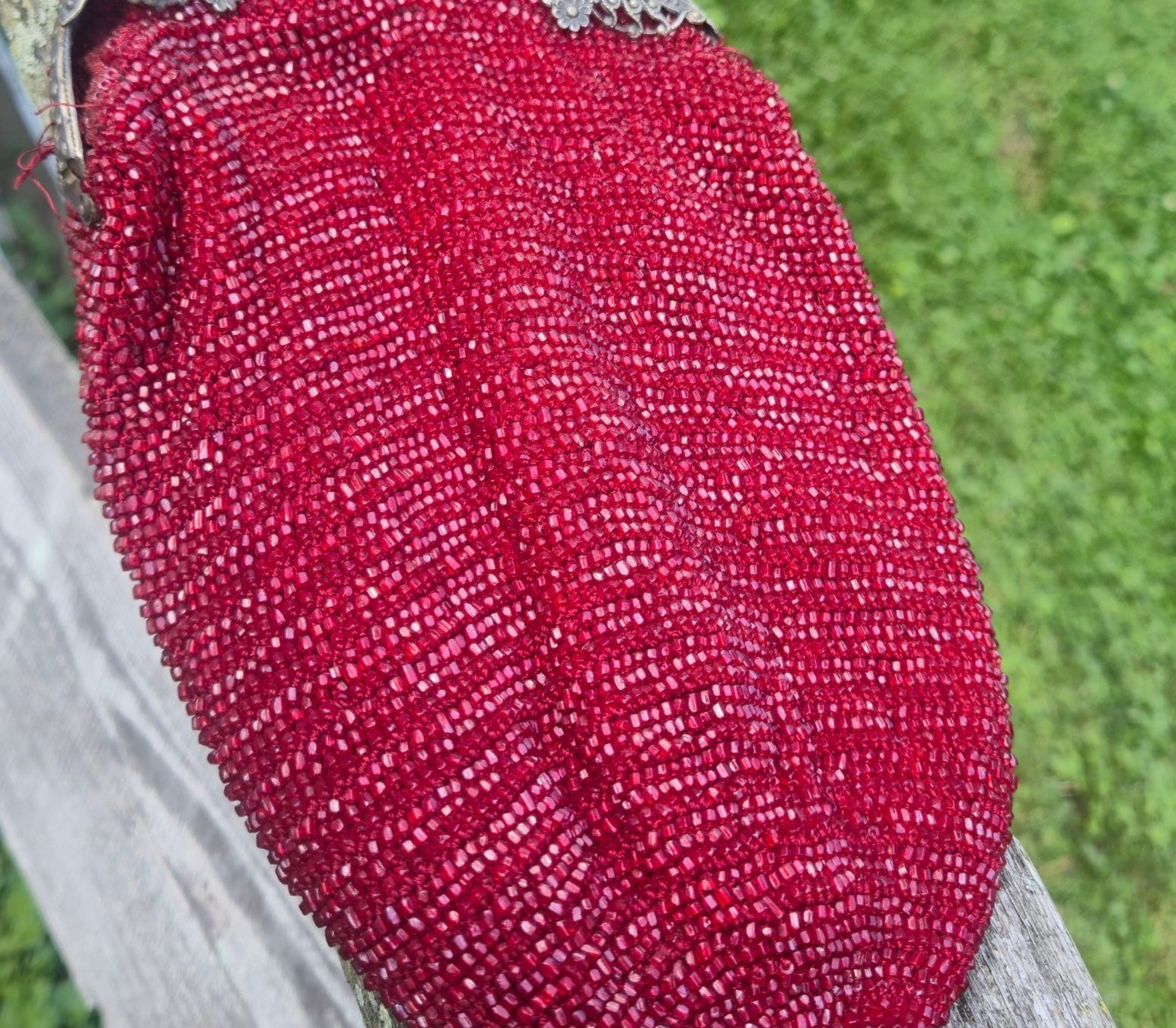 Antique Red Beaded Pouch Purse Ornate Brass Filigree Kiss Lock Reticule Tassel B