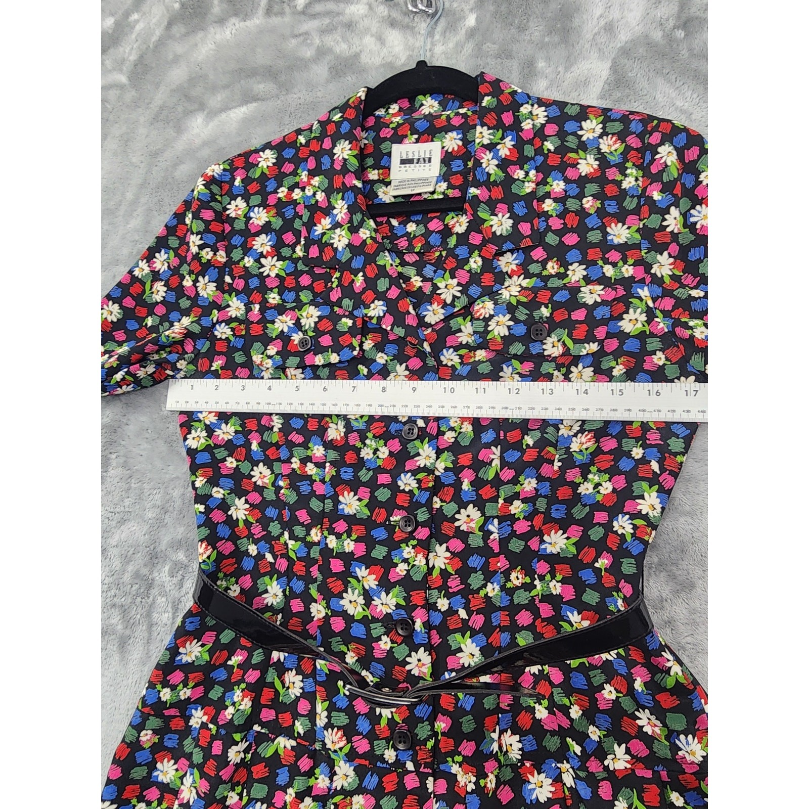 Vintage 80s Leslie Fay Floral Belted Drop Waist Shirt Dress Size 6P Black Office