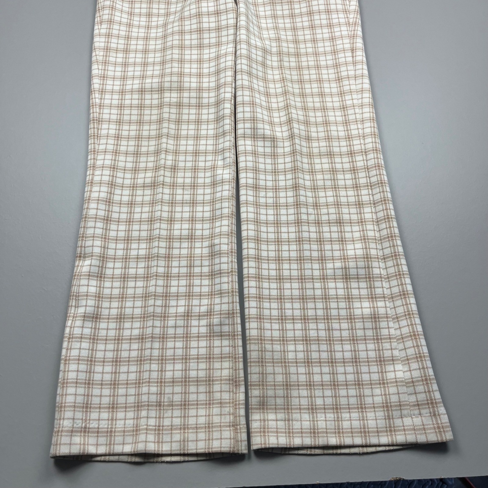 70s Sears Kings Road Trousers Mens 34 Long Tan Plaid Perma-Prest Flared Disco
