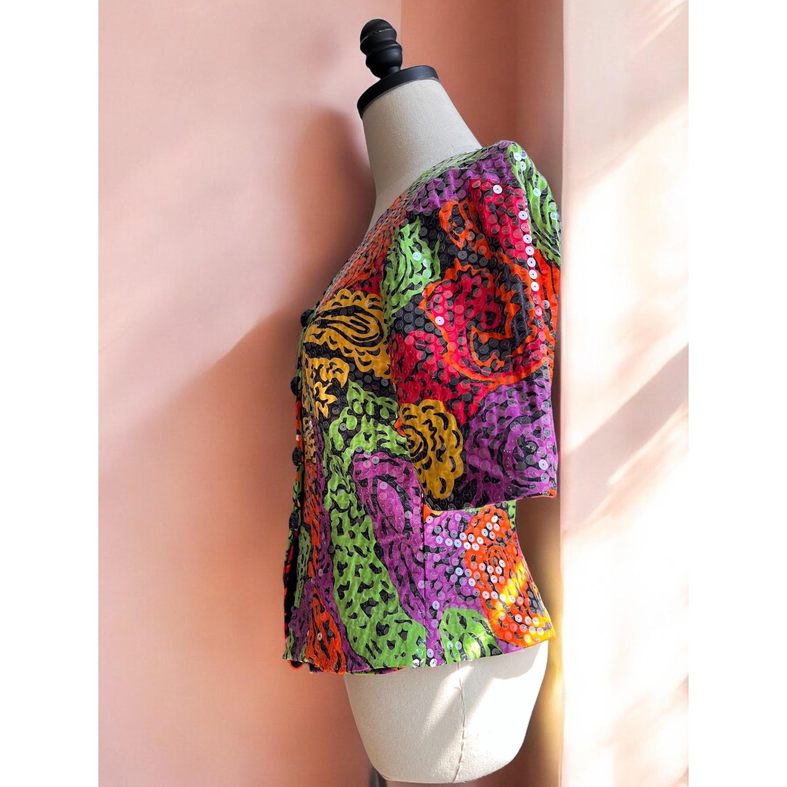 Vintage 80s Sequin Jacket Top | Neon Psychedelic Print Puff Sleeve Tailored |S/M