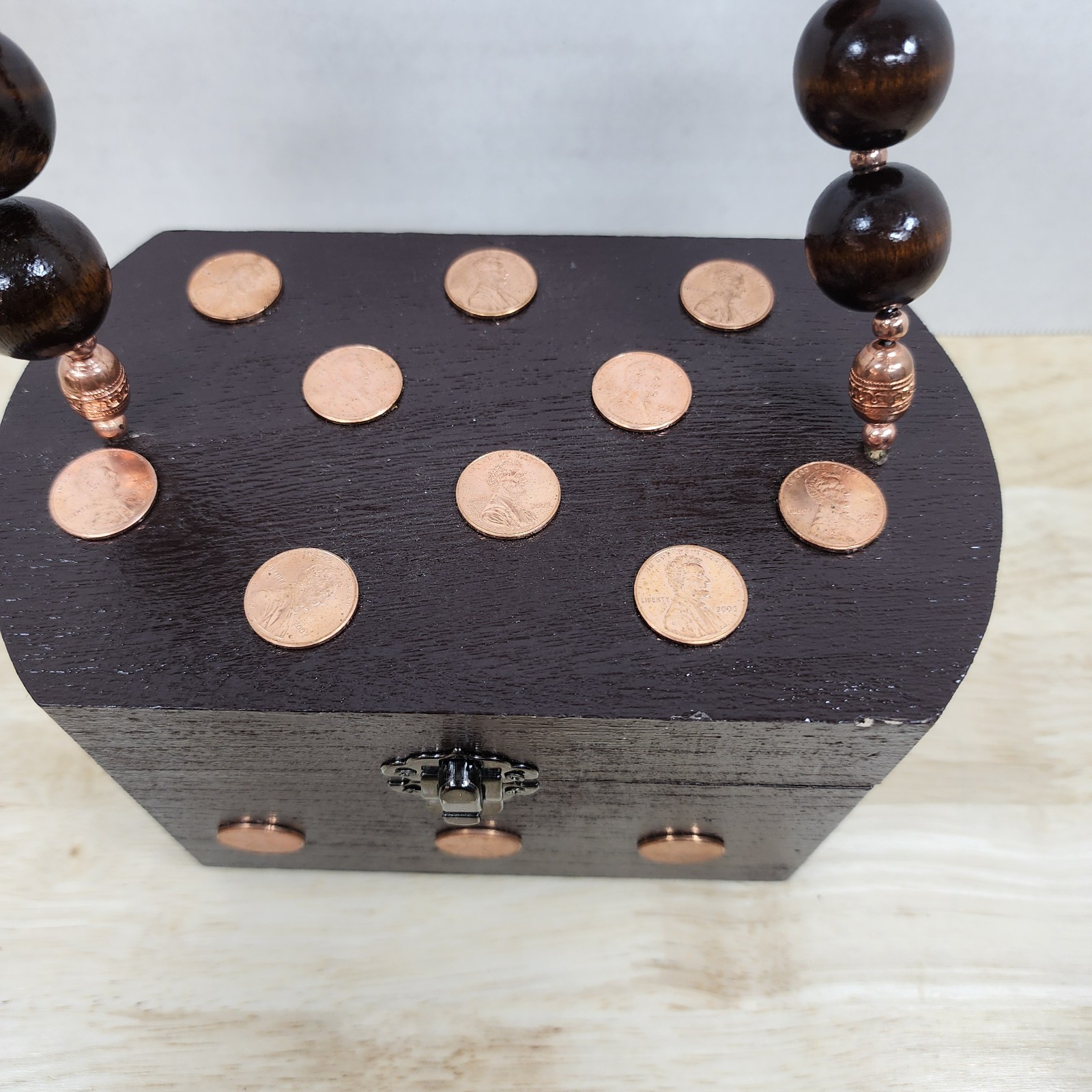 Handmade Wooden Purse Box Copper Penny Decor Beaded Handle Rustic Storage Chest