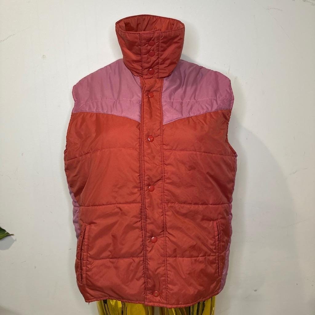 Vintage 70s Briarcliff Red Pink Colorblock Puffer Vest Women Upcycled MEDIUM