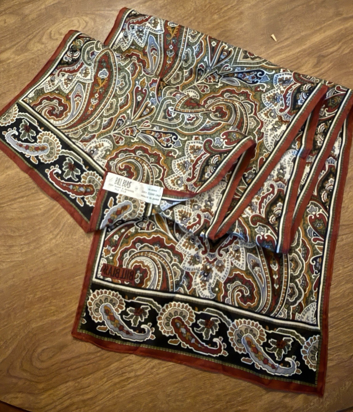 Vintage Bill Blass Silk SCARF Japan Baar & Beards Paisley Rectangle 46 x 10.5″