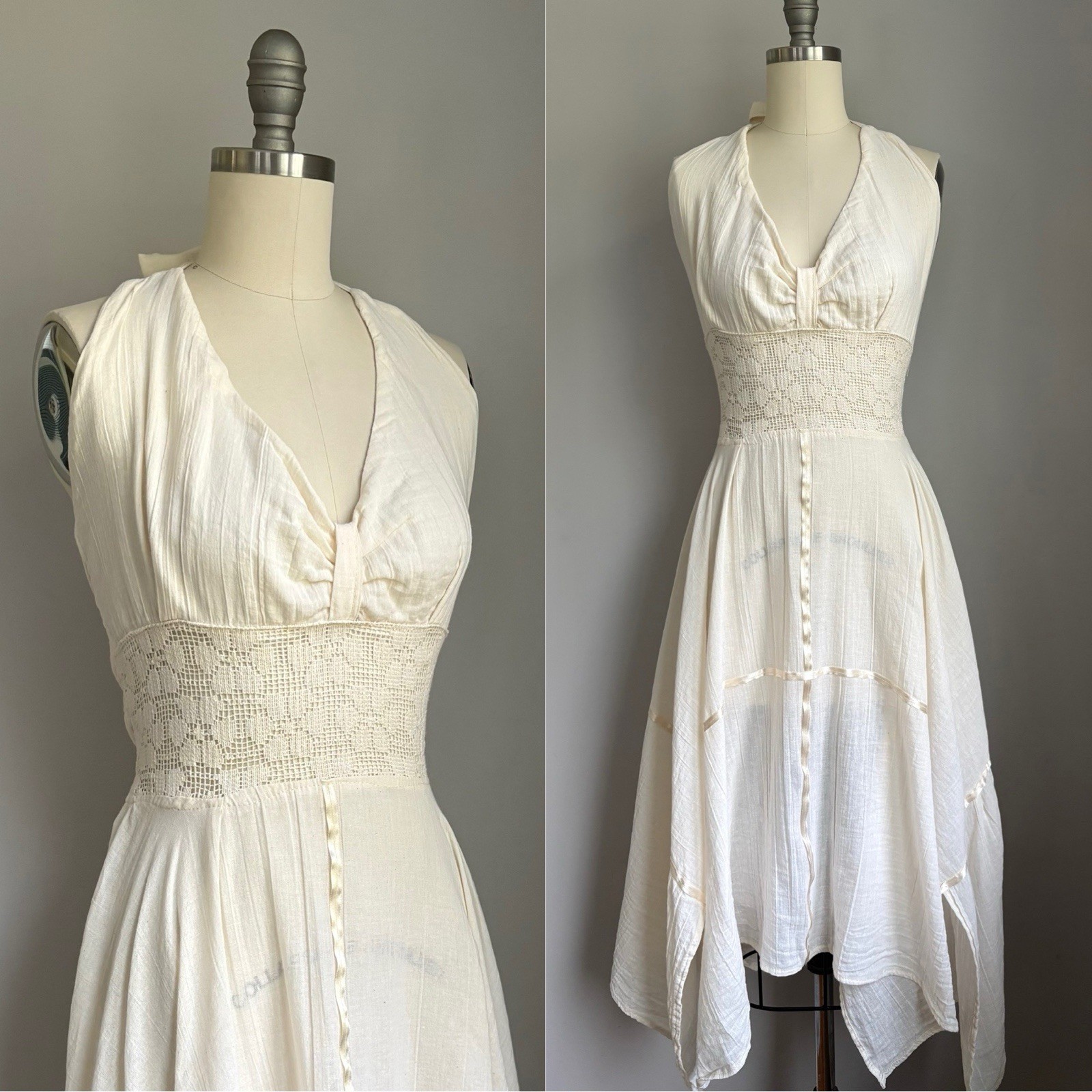Vintage 1970’s Gauze & Crochet Lace Scarf Skirt Handkerchief Hem Halter Dress S