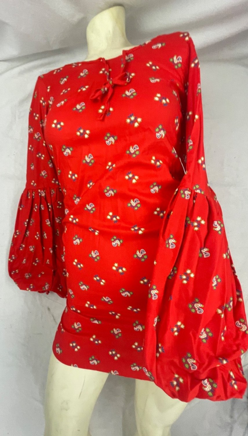 VTG 60s 70s WOMENS S NEW RED BELLE SLEEVE DISCO HIPPY ROOSTER CHICKEN MINI DRESS