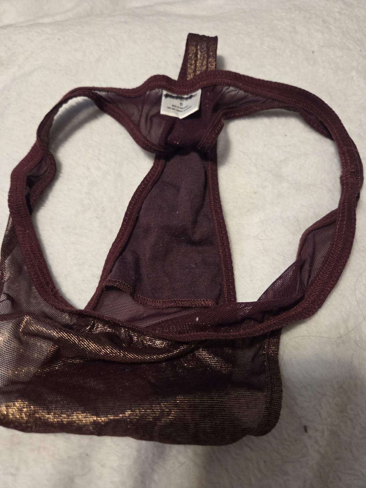 NEW Vintage Shiny Metallic Gold Burgundy Express Hicut String Thong Small 5