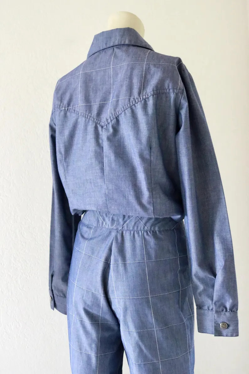 1970s Vintage Top Pants Set Womens Blue Grid Print Long Sleeve Bell Bottom Disco
