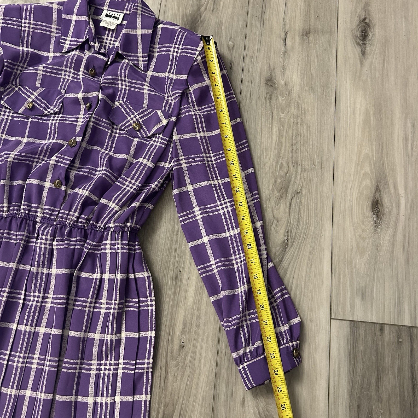 Vintage Leslie Fay Purple Plaid Midi Dress Belted Size 14 Long Sleeve EUC
